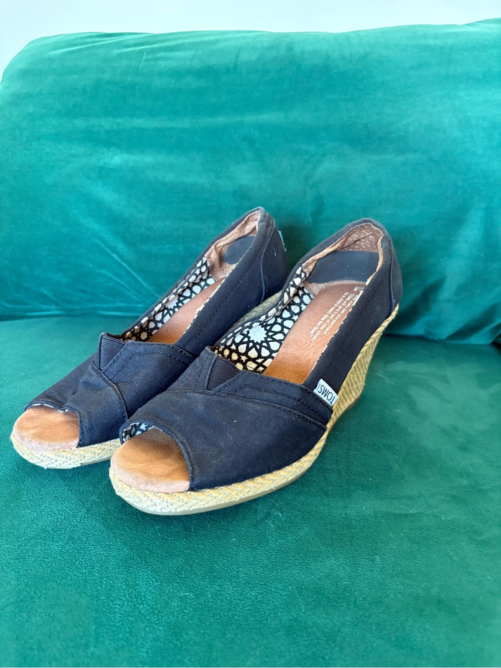 TOMS Black Canvas Espadrille Wedge Peep-Toe Slip-On